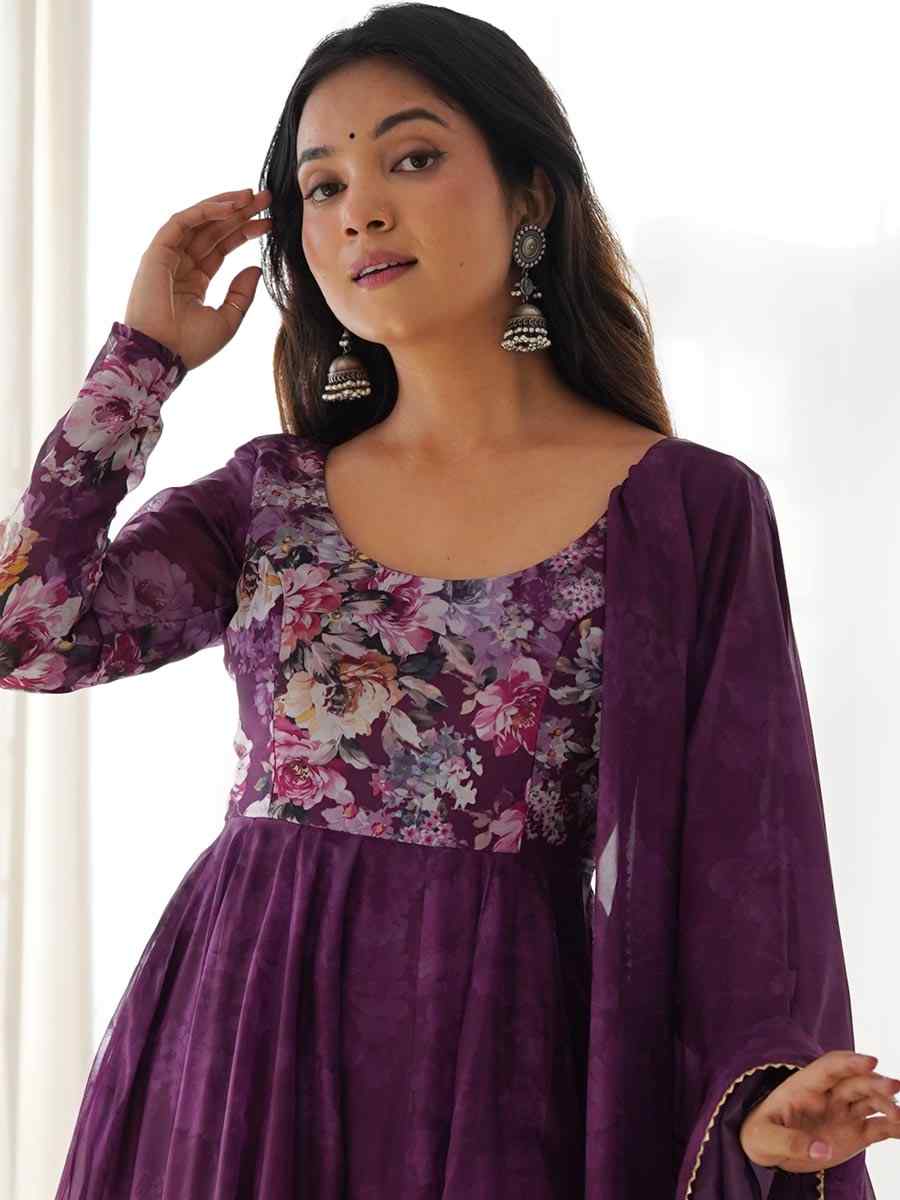 Wine Heavy Pure Soft Organza Silk Printed Festival Casual Ready Anarkali Salwar Kameez