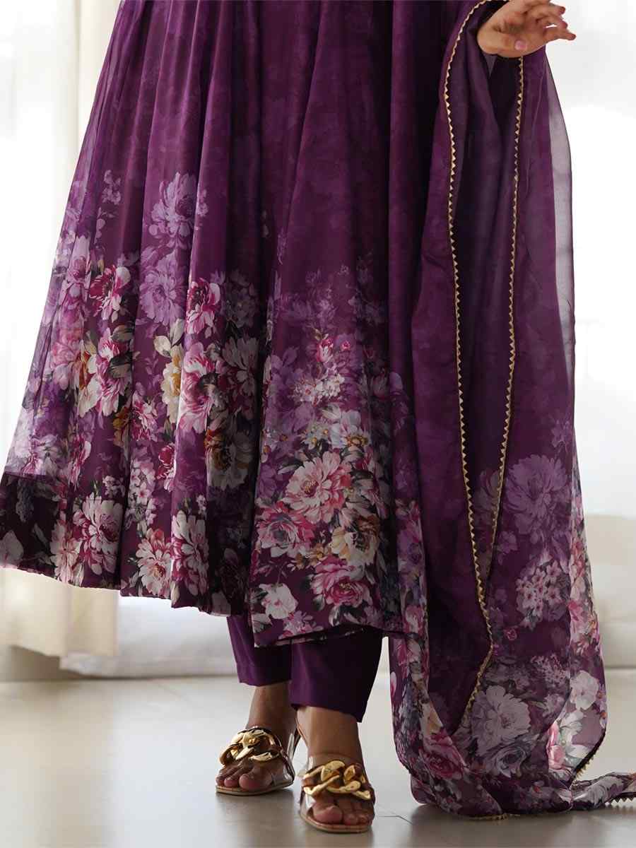 Wine Heavy Pure Soft Organza Silk Printed Festival Casual Ready Anarkali Salwar Kameez