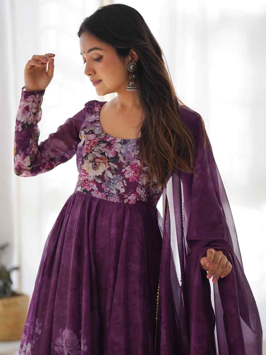 Wine Heavy Pure Soft Organza Silk Printed Festival Casual Ready Anarkali Salwar Kameez