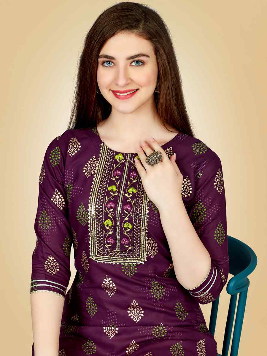 Wine Heavy Rayon 14 Kgs Embroidered Festival Casual Kurti With Bottom