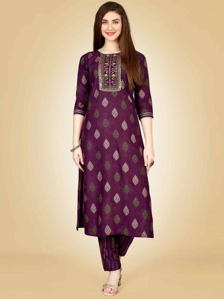 Wine Heavy Rayon 14 Kgs Embroidered Festival Casual Kurti With Bottom