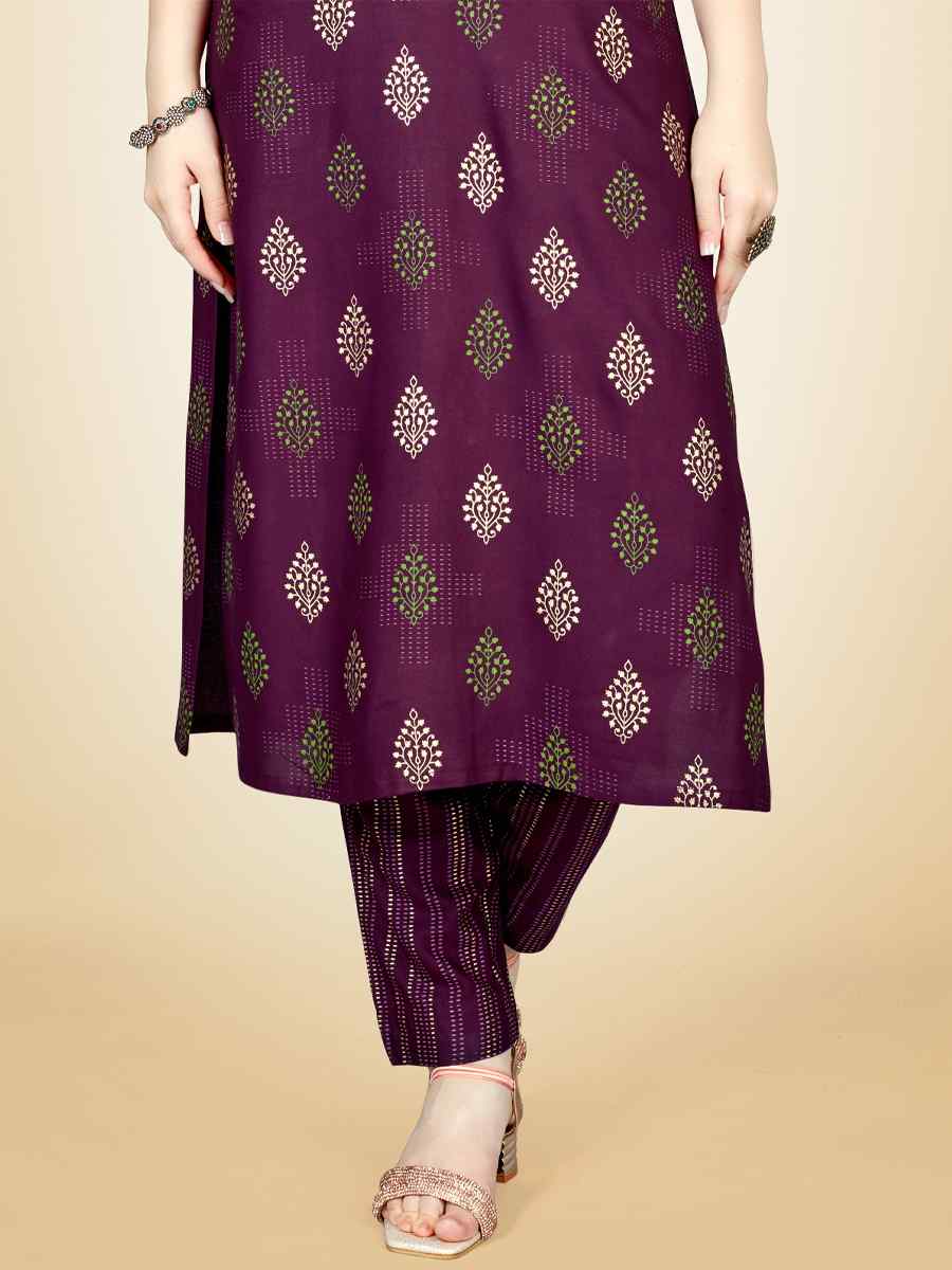 Wine Heavy Rayon 14 Kgs Embroidered Festival Casual Kurti With Bottom