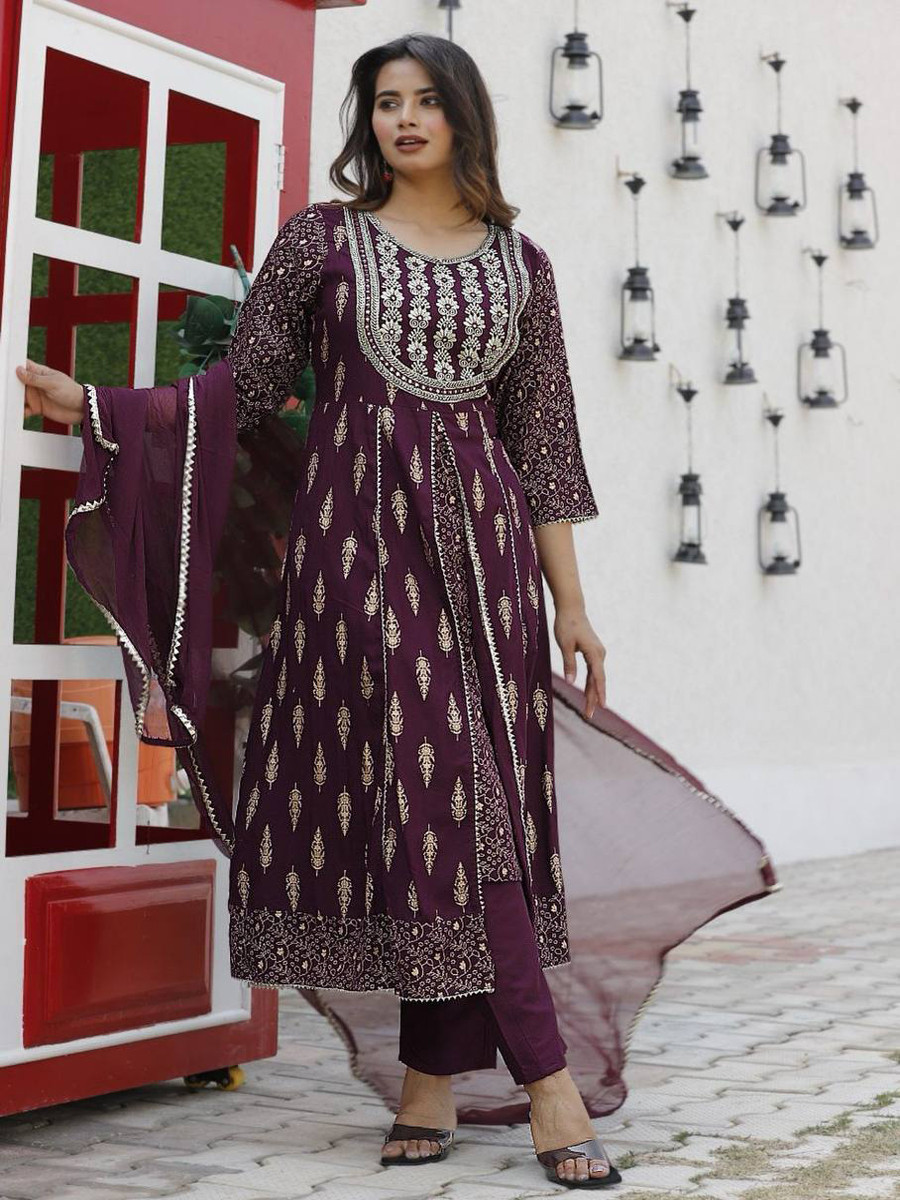 Wine Heavy Rayon Embroidery Wedding Party Festival Casual Ready Lawn Pant Salwar Kameez