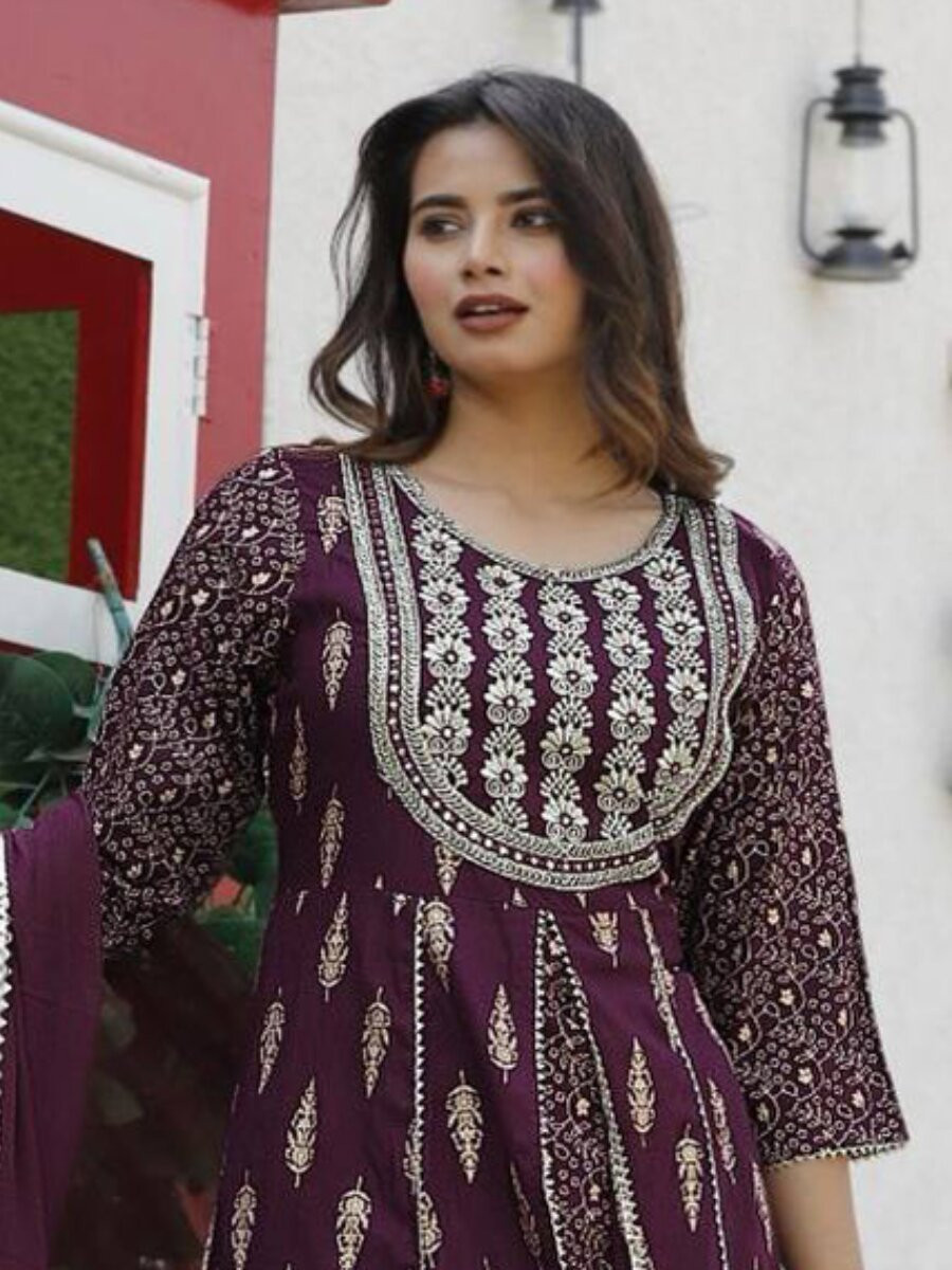 Wine Heavy Rayon Embroidery Wedding Party Festival Casual Ready Lawn Pant Salwar Kameez