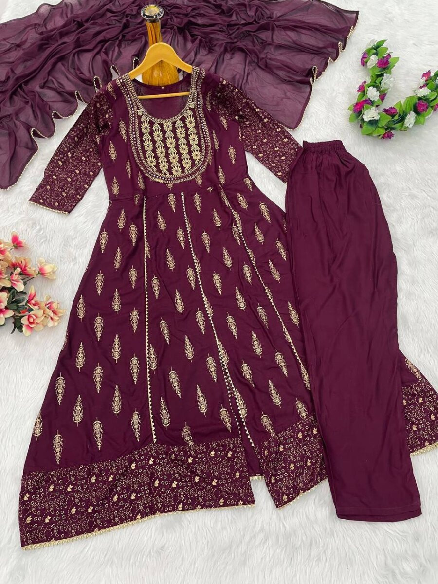 Wine Heavy Rayon Embroidery Wedding Party Festival Casual Ready Lawn Pant Salwar Kameez