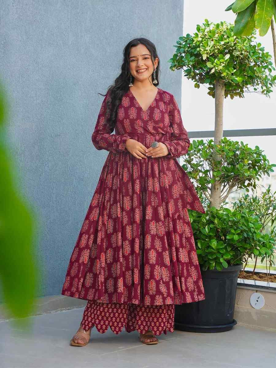 Wine Heavy Rayon Printed Festival Casual Kurti with Bottom