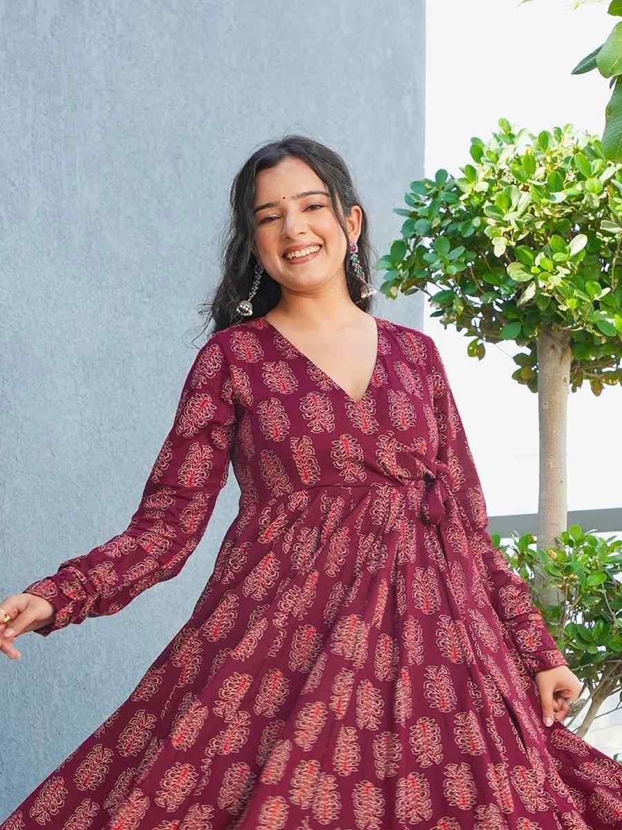 Wine Heavy Rayon Printed Festival Casual Kurti with Bottom