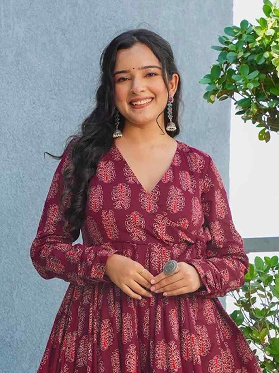 Wine Heavy Rayon Printed Festival Casual Kurti with Bottom