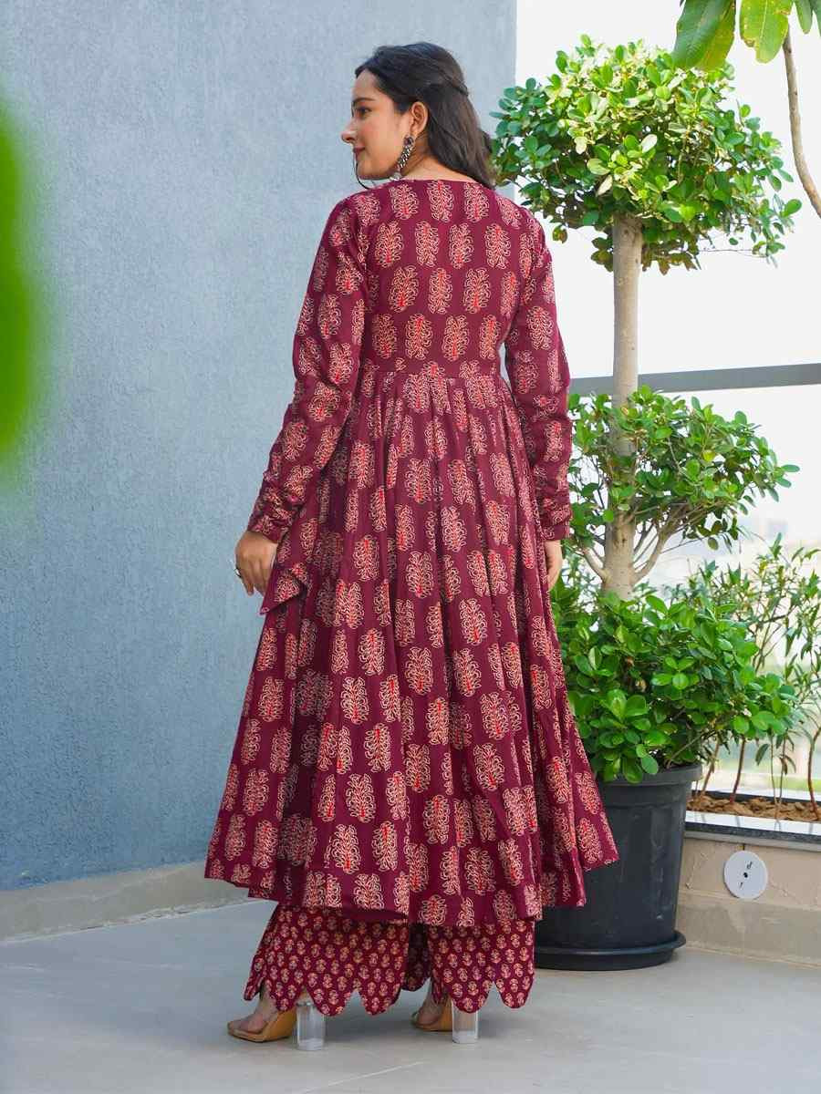 Wine Heavy Rayon Printed Festival Casual Kurti with Bottom