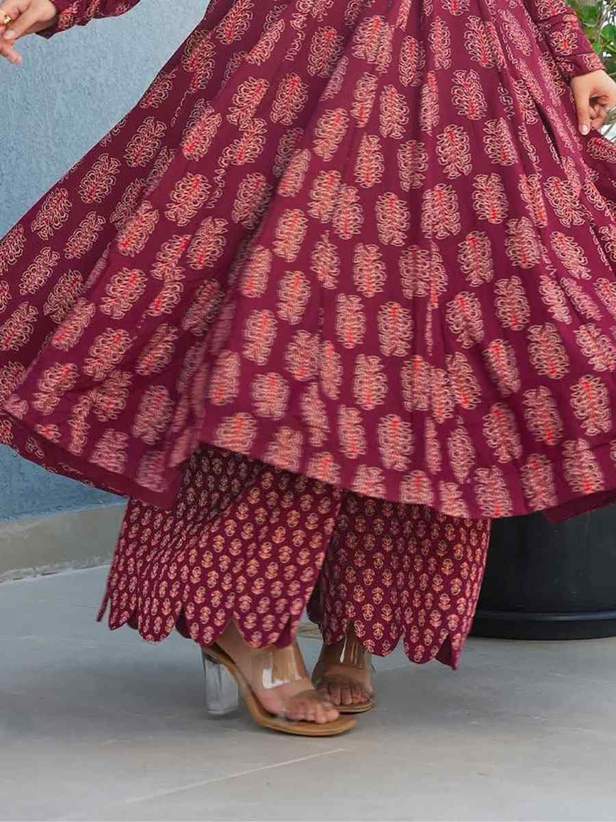 Wine Heavy Rayon Printed Festival Casual Kurti with Bottom