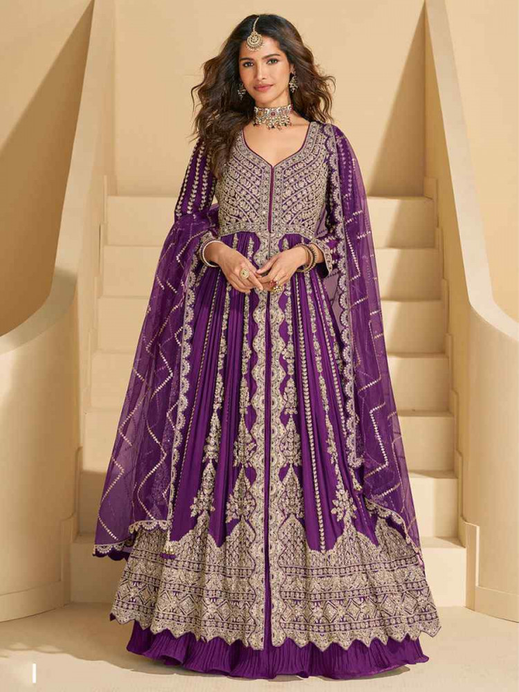 Image of Wine Heavy Real Chinon Embroidered Wedding Reception Festival Ready Heavy Kurti Lehenga Choli