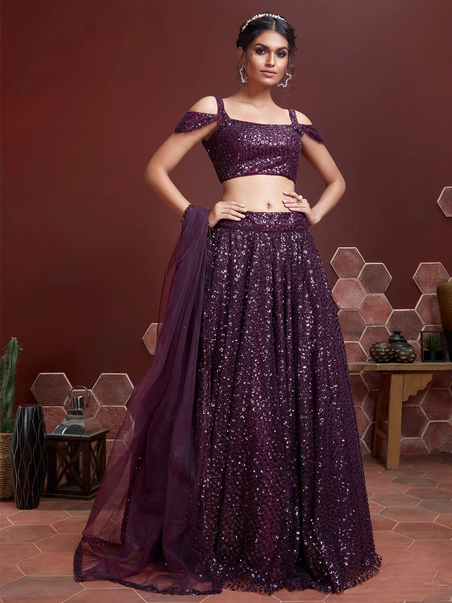 Wine Heavy Soft Net Embroidered Bridesmaid Wedding Heavy Border Lehenga Choli