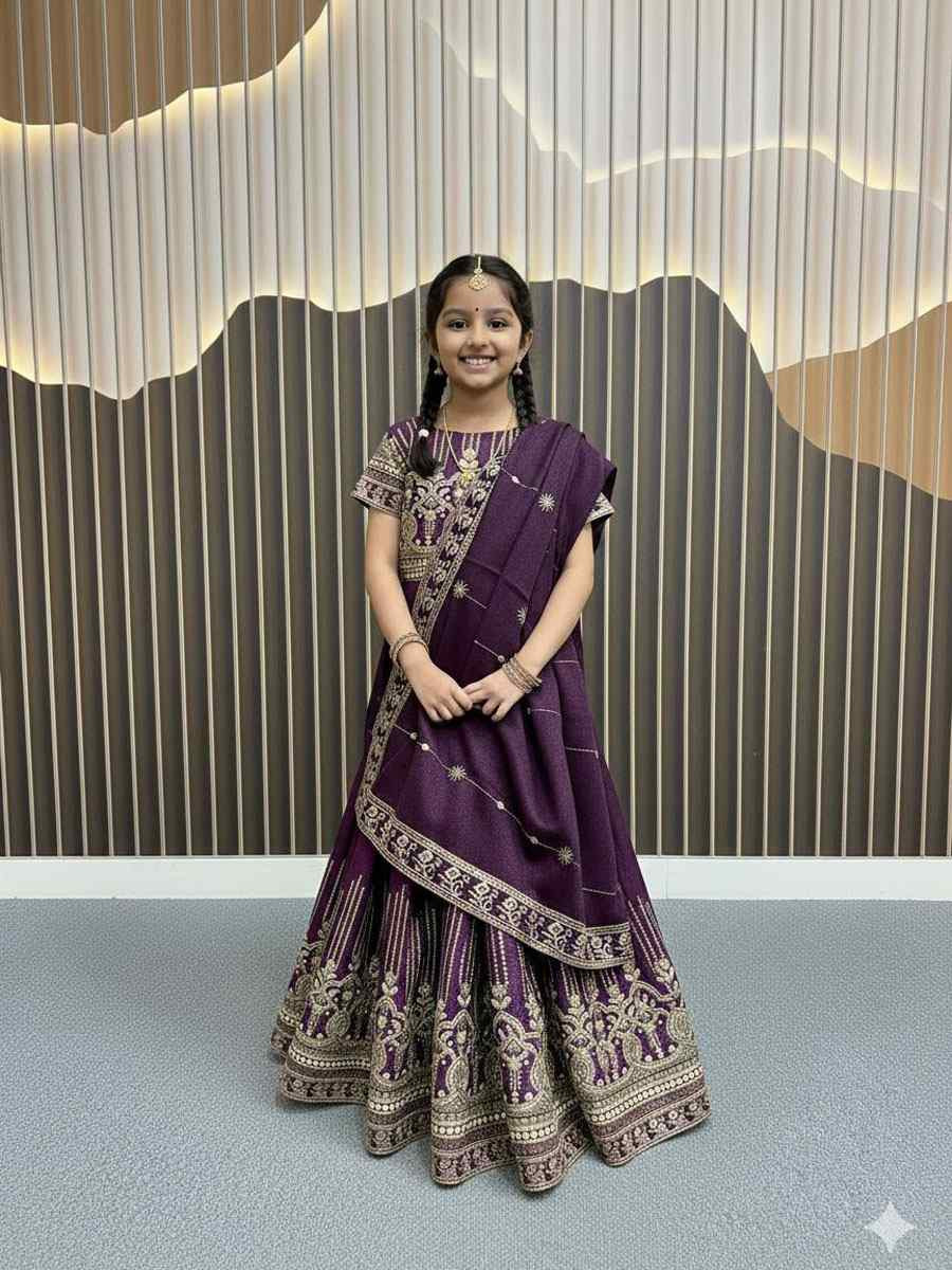 Wine Heavy Star Georgette Embroidered Kids Wear Wedding Festival Lehengas Girls Wear