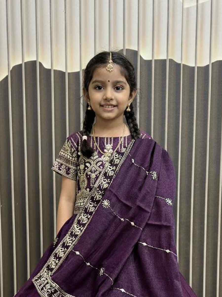 Wine Heavy Star Georgette Embroidered Kids Wear Wedding Festival Lehengas Girls Wear