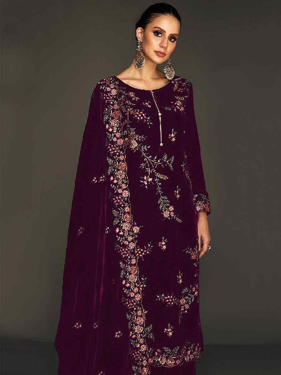 Wine Heavy Velvet Embroidered Festival Wedding Pant Salwar Kameez