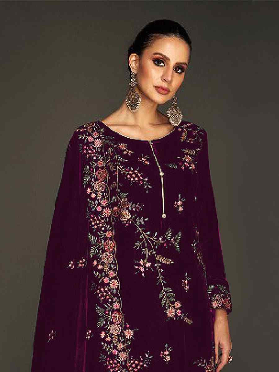 Wine Heavy Velvet Embroidered Festival Wedding Pant Salwar Kameez