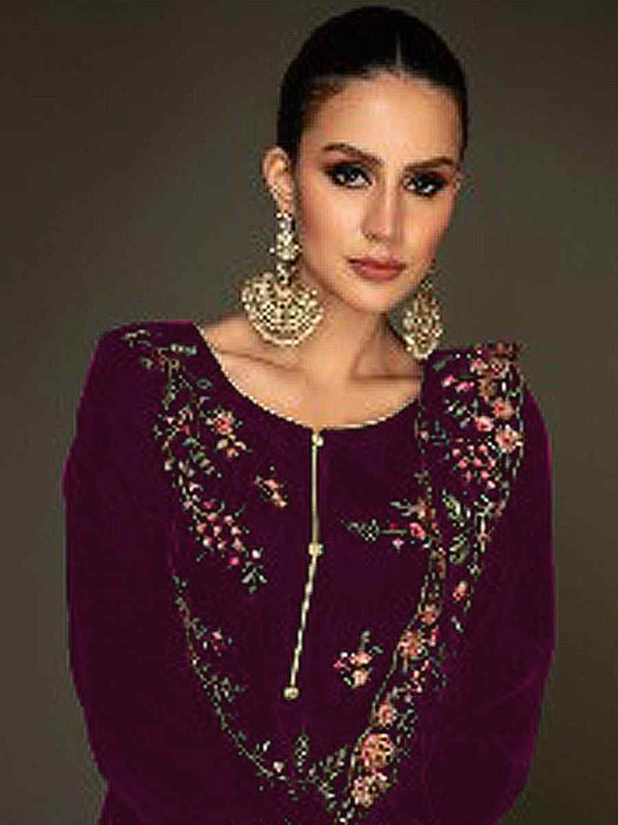 Wine Heavy Velvet Embroidered Festival Wedding Pant Salwar Kameez