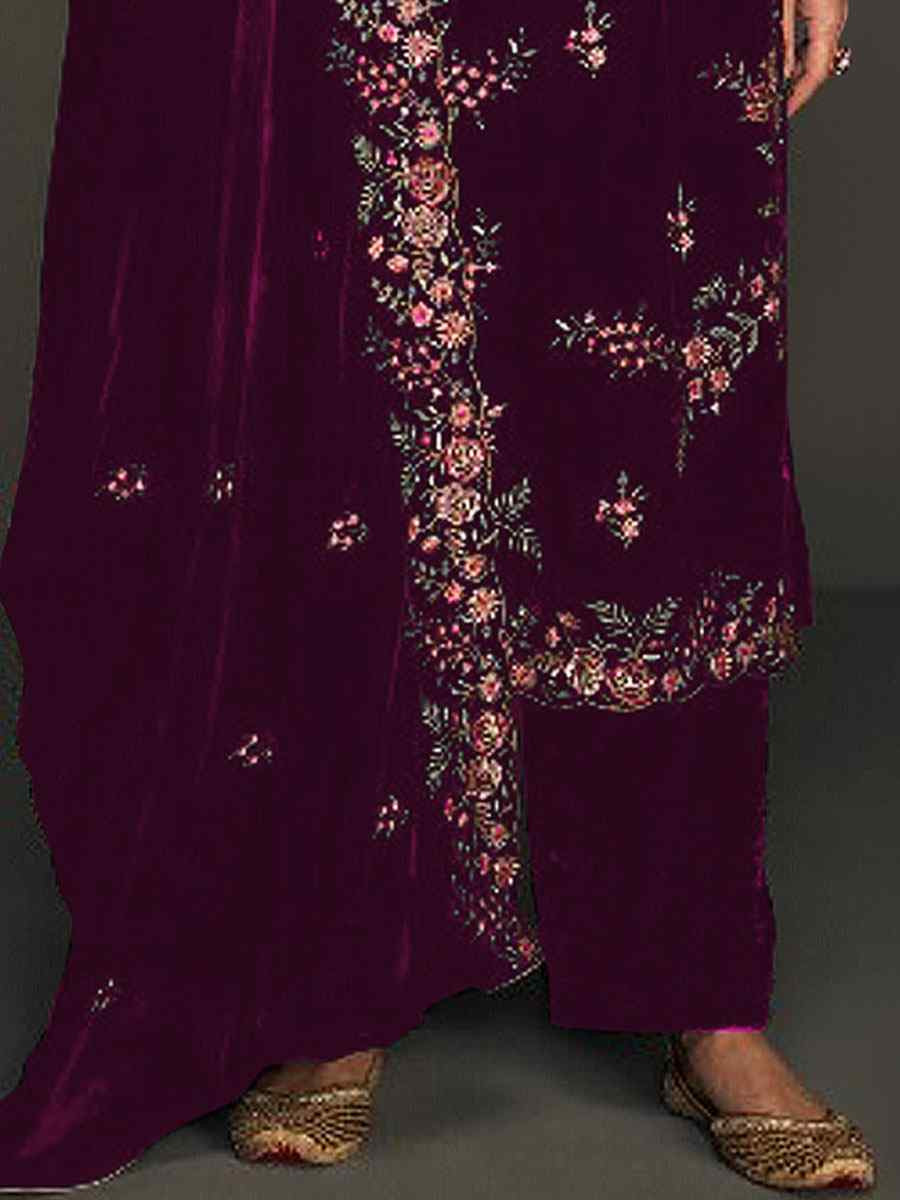 Wine Heavy Velvet Embroidered Festival Wedding Pant Salwar Kameez