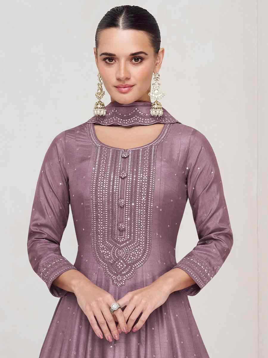 Wine Heavy Vichitra Silk Embroidered Festival Casual Wedding Gown