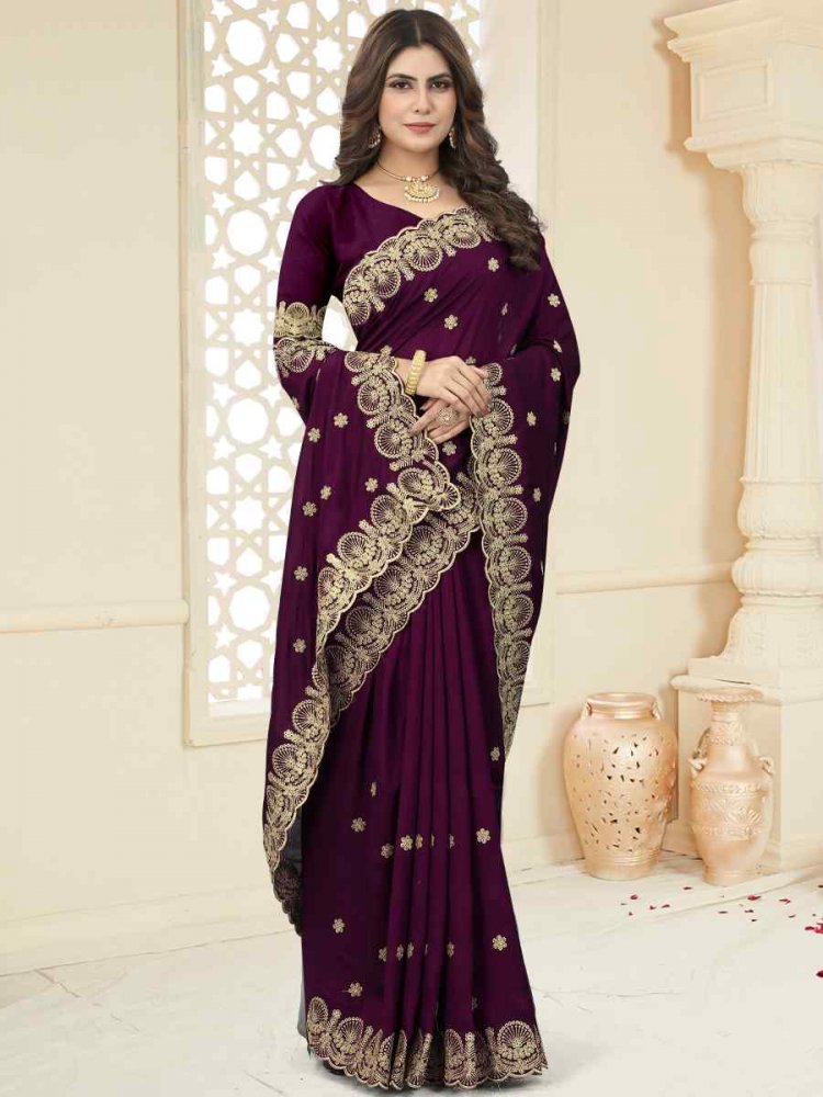 Wine Heavy Vichitra Silk Embroidered Wedding Festival Heavy Border Saree