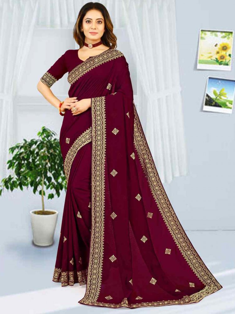 Wine Heavy Vichitra Silk Embroidered Wedding Festival Heavy Border Saree