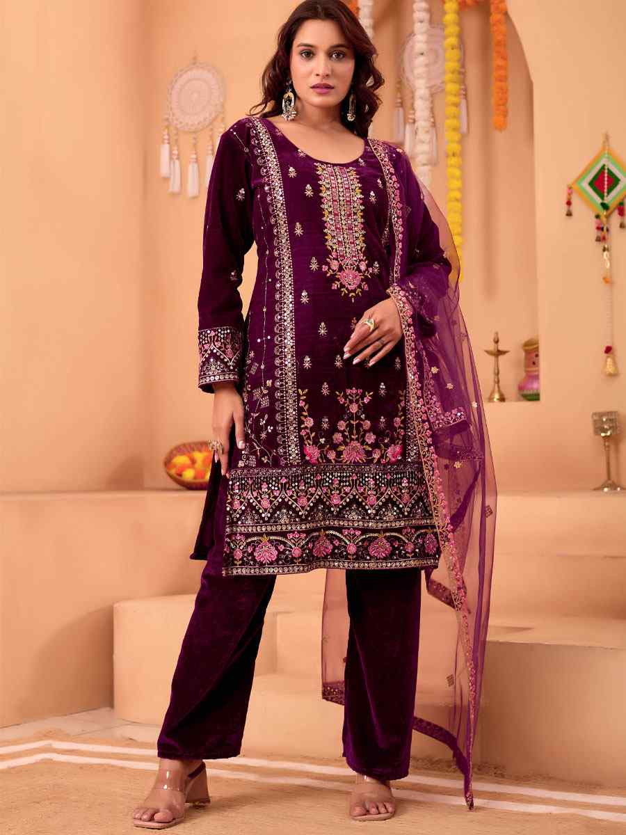 Wine Heavy Viscose Velvet Embroidery Party Wedding Festival Casual Ready Pant Salwar Kameez