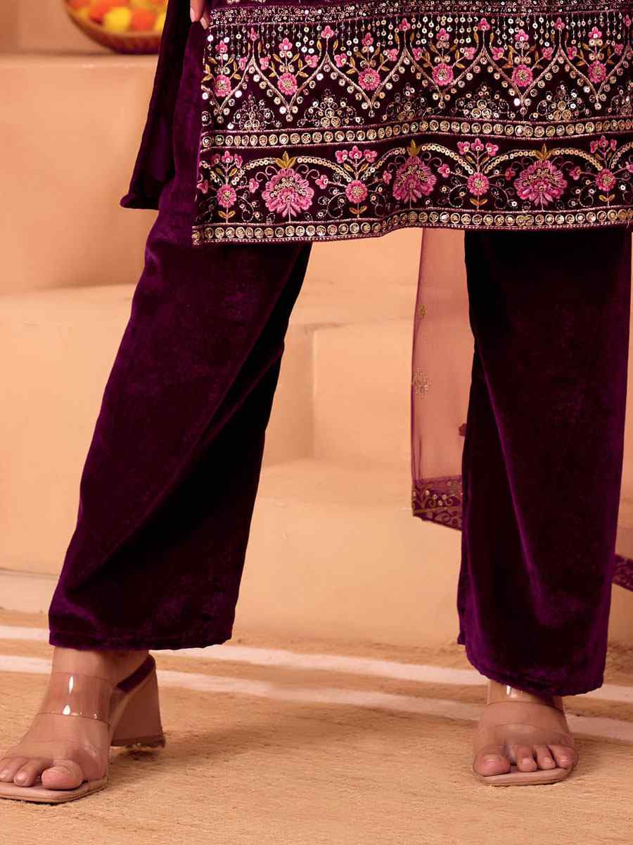 Wine Heavy Viscose Velvet Embroidery Party Wedding Festival Casual Ready Pant Salwar Kameez