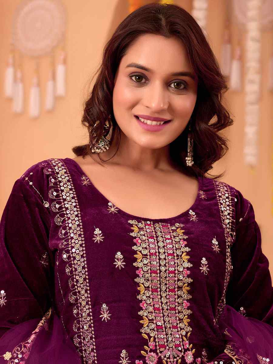 Wine Heavy Viscose Velvet Embroidery Party Wedding Festival Casual Ready Pant Salwar Kameez