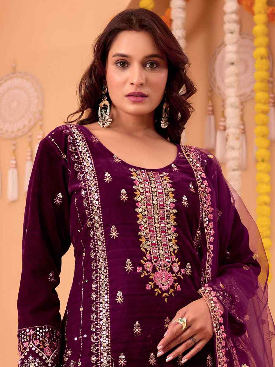 Wine Heavy Viscose Velvet Embroidery Party Wedding Festival Casual Ready Pant Salwar Kameez