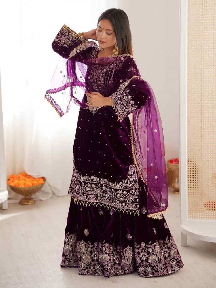 Image of Wine Heavy Viscose Velvet Embroidery Party Wedding Festival Casual Ready Sharara Pant Salwar Kameez
