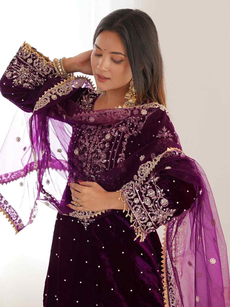 Wine Heavy Viscose Velvet Embroidery Party Wedding Festival Casual Ready Sharara Pant Salwar Kameez