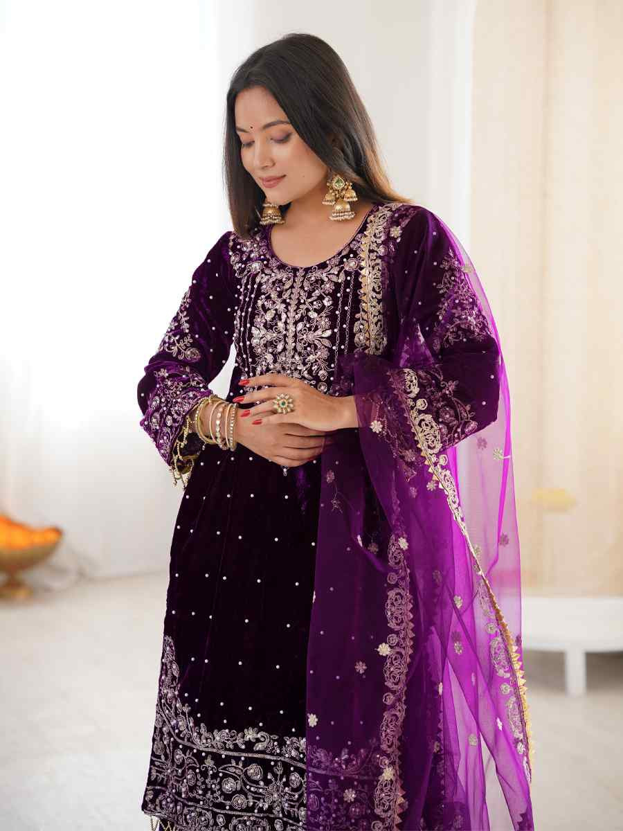 Wine Heavy Viscose Velvet Embroidery Party Wedding Festival Casual Ready Sharara Pant Salwar Kameez