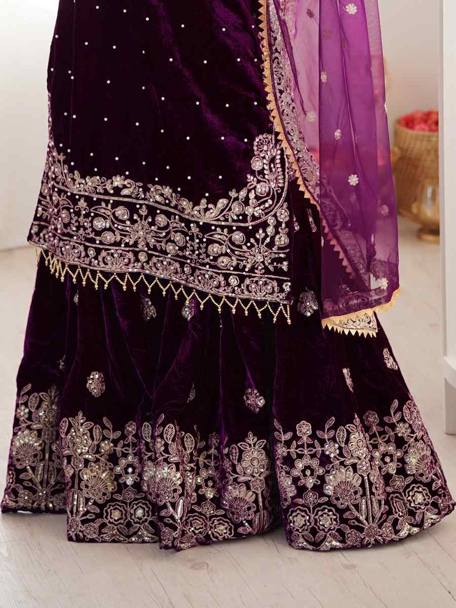Wine Heavy Viscose Velvet Embroidery Party Wedding Festival Casual Ready Sharara Pant Salwar Kameez