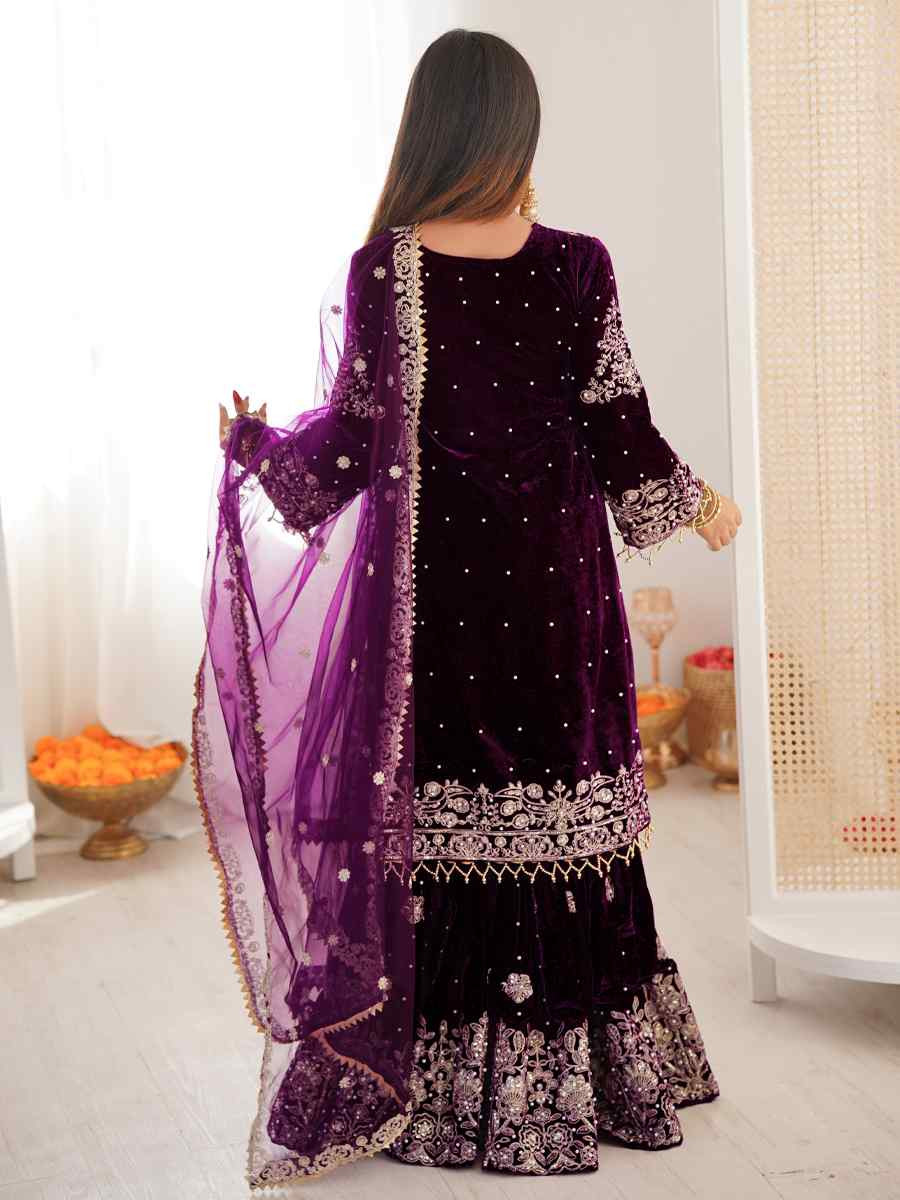 Wine Heavy Viscose Velvet Embroidery Party Wedding Festival Casual Ready Sharara Pant Salwar Kameez