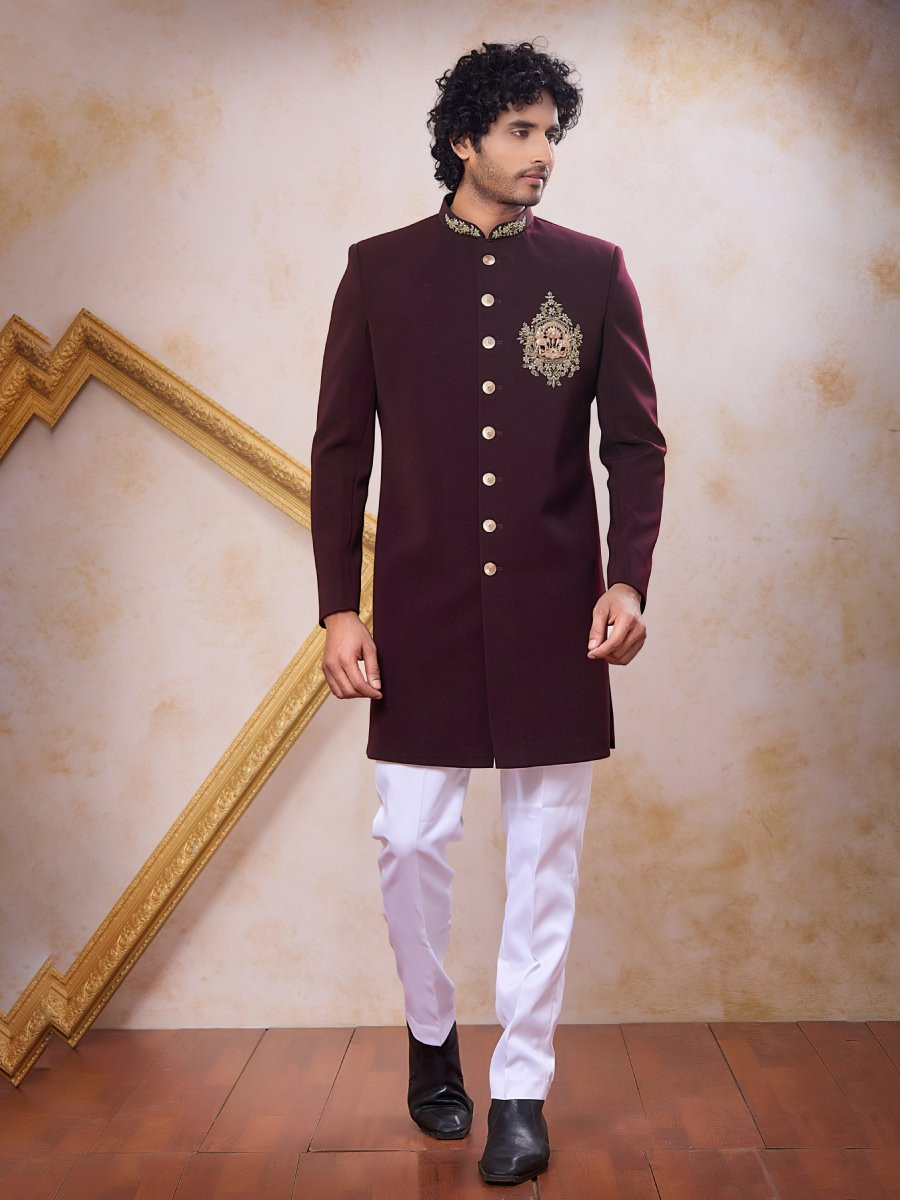 Wine Imported Lachka Fabric Embroidery Zardosi Wedding Party Festival Casual Groom Sherwani