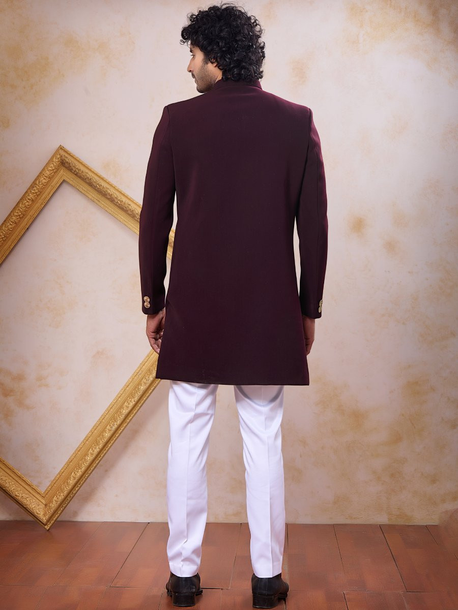 Wine Imported Lachka Fabric Embroidery Zardosi Wedding Party Festival Casual Groom Sherwani