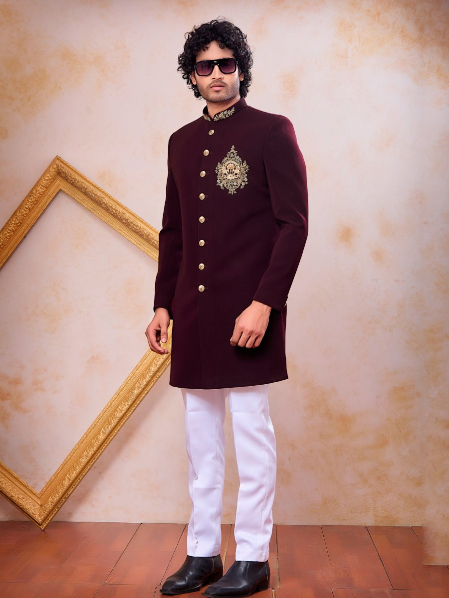 Wine Imported Lachka Fabric Embroidery Zardosi Wedding Party Festival Casual Groom Sherwani