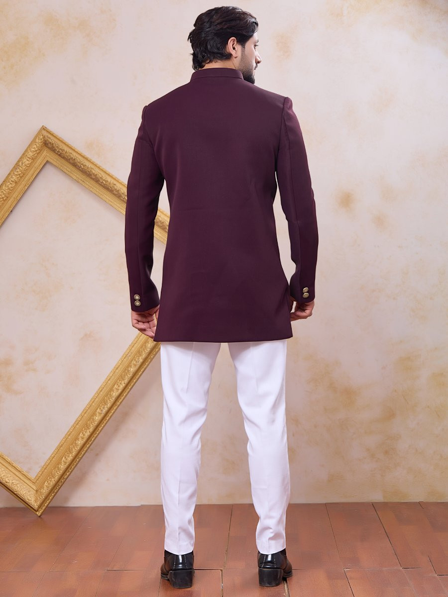 Wine Imported Lachka Fabric Embroidery Zardosi Wedding Party Festival Casual Groom Sherwani
