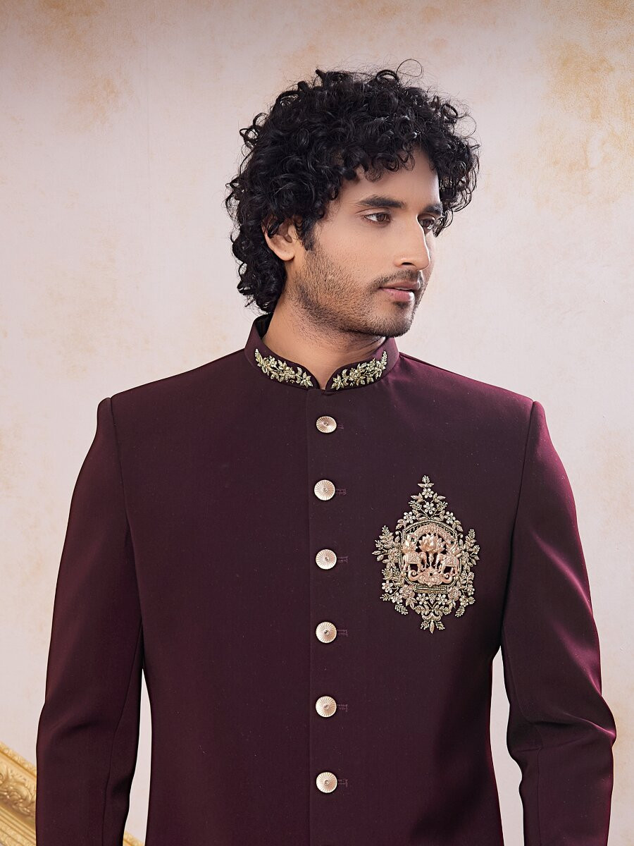 Wine Imported Lachka Fabric Embroidery Zardosi Wedding Party Festival Casual Groom Sherwani