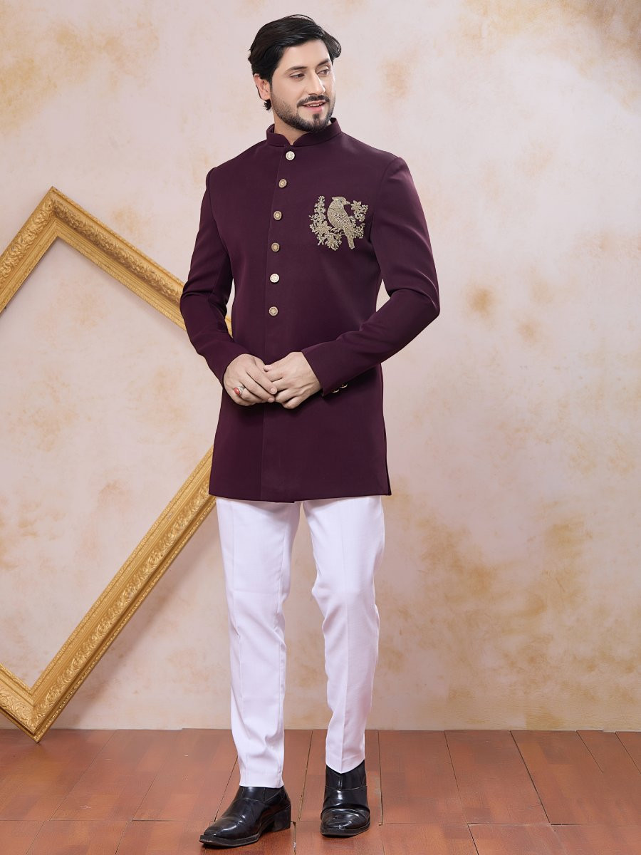 Wine Imported Lachka Fabric Embroidery Zardosi Wedding Party Festival Casual Groom Sherwani