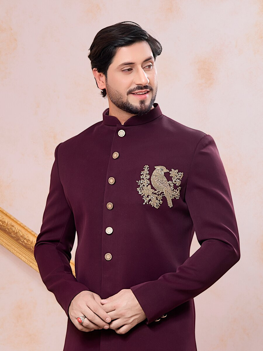 Wine Imported Lachka Fabric Embroidery Zardosi Wedding Party Festival Casual Groom Sherwani