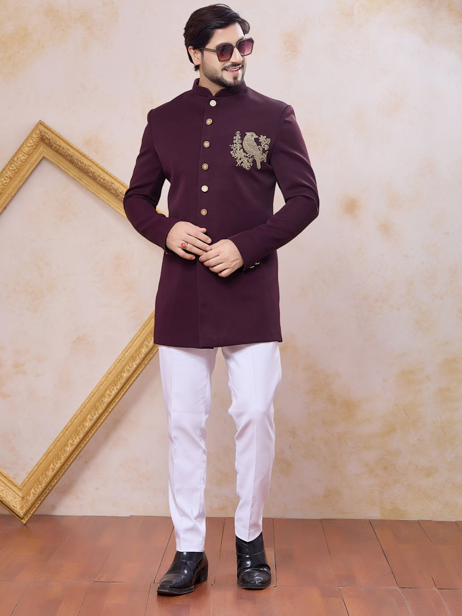 Wine Imported Lachka Fabric Embroidery Zardosi Wedding Party Festival Casual Groom Sherwani
