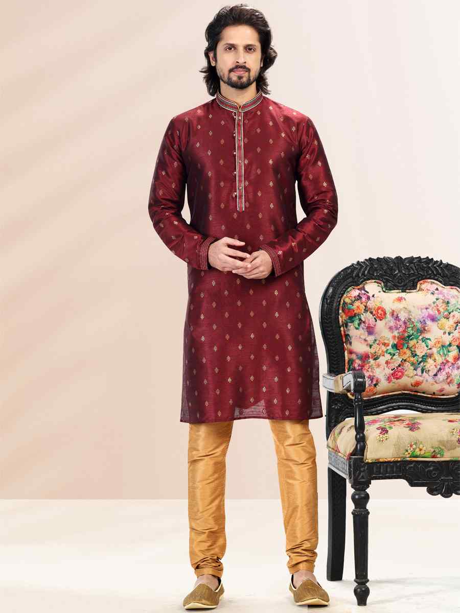 Wine Jacquard Banarasi Silk Woven Festival Wedding Kurta