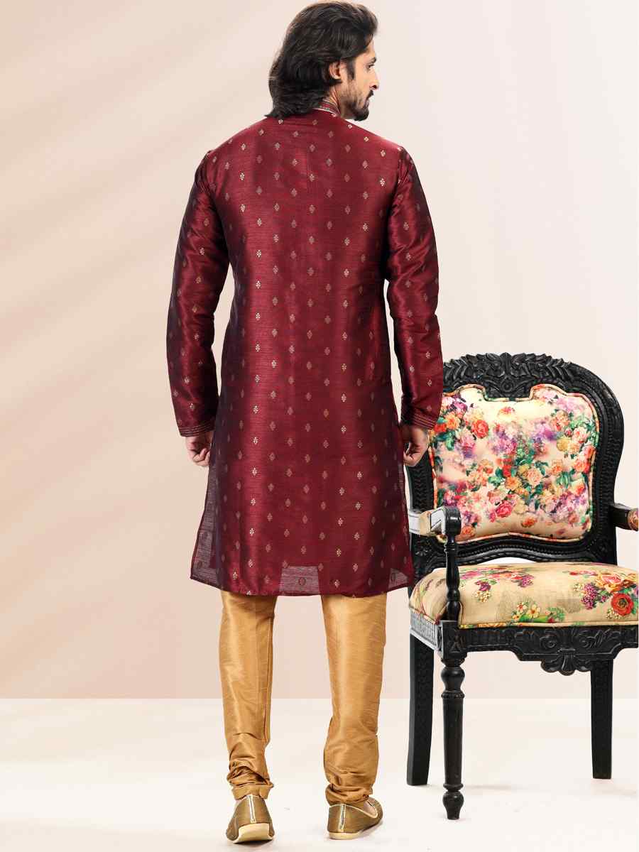Wine Jacquard Banarasi Silk Woven Festival Wedding Kurta