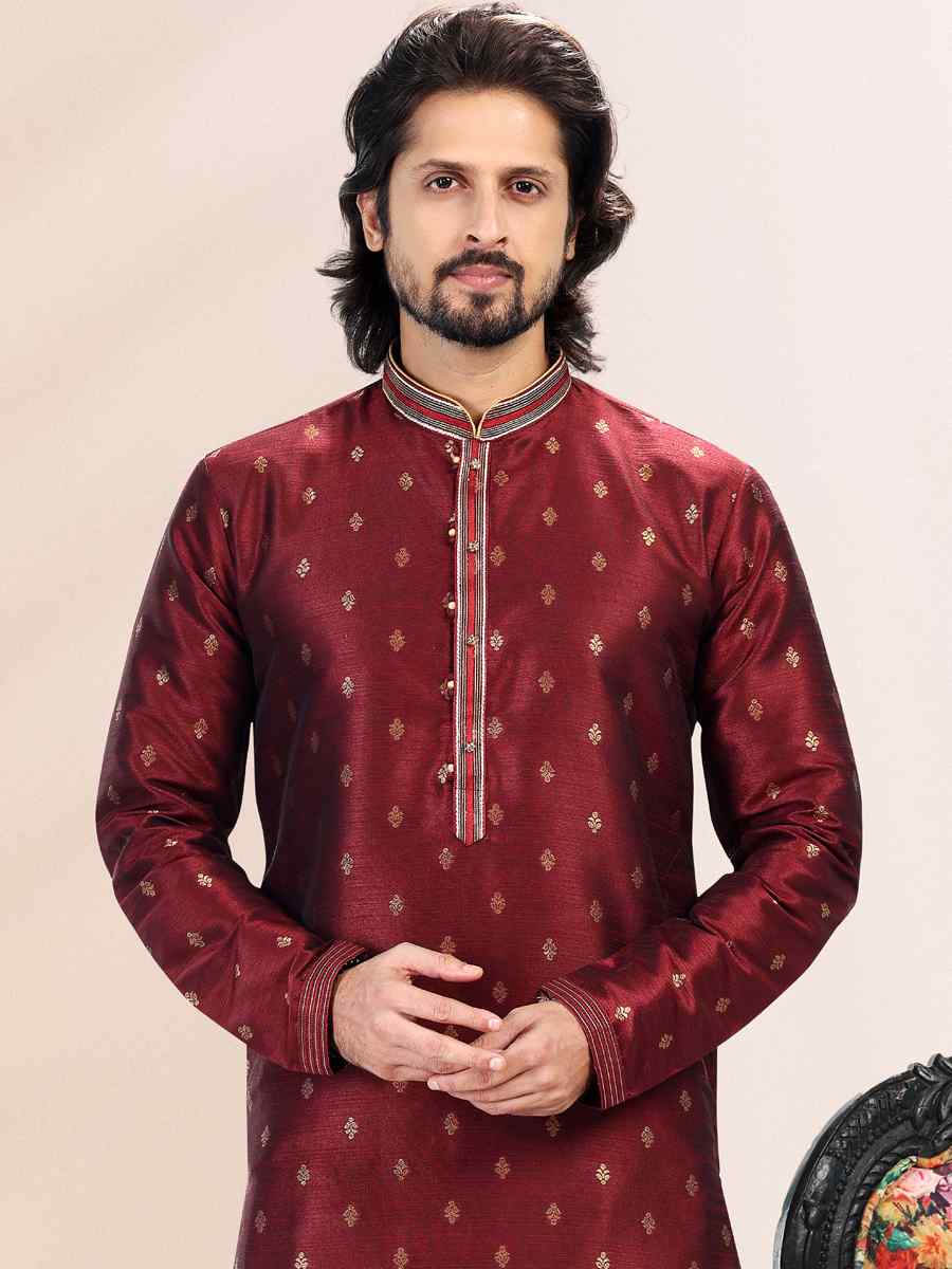 Wine Jacquard Banarasi Silk Woven Festival Wedding Kurta