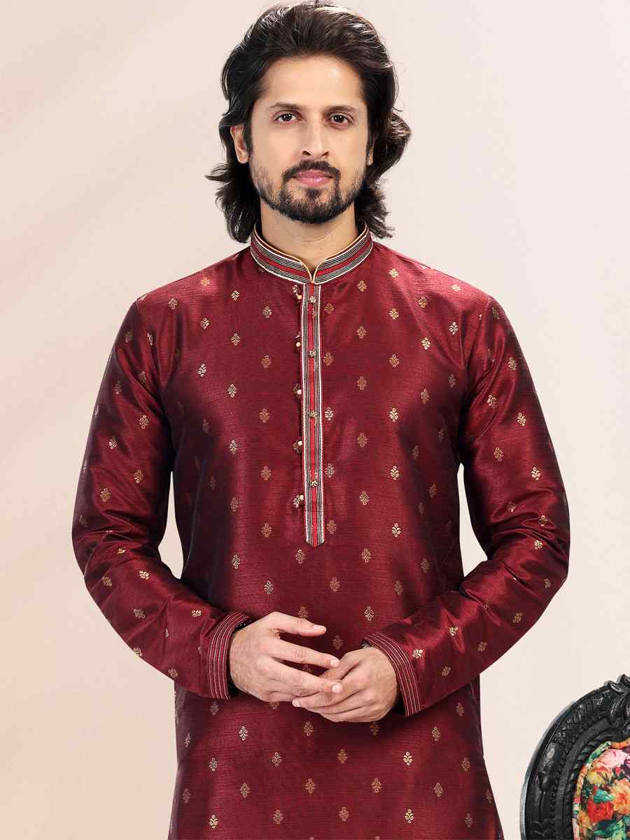 Wine Jacquard Banarasi Silk Woven Festival Wedding Kurta