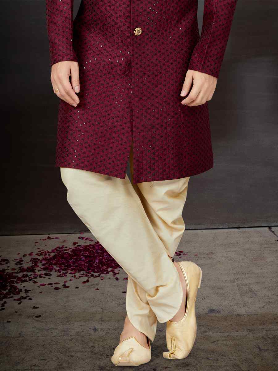 Wine Jacquard Embroidered Festival Wedding Sherwani