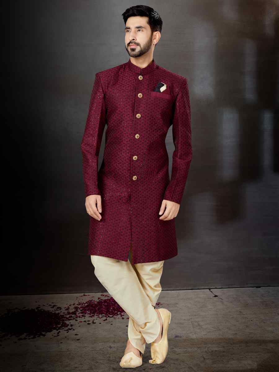Wine Jacquard Embroidered Festival Wedding Sherwani