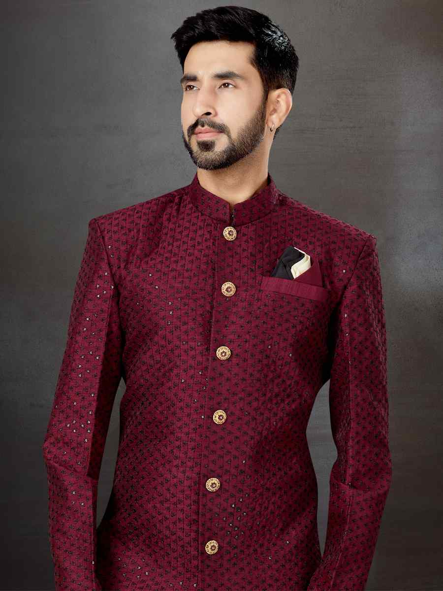 Wine Jacquard Embroidered Festival Wedding Sherwani