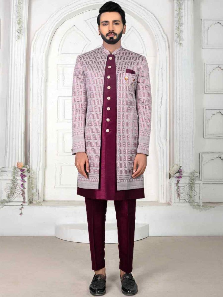 Wine Jacquard Embroidered Wedding Groom Sherwani